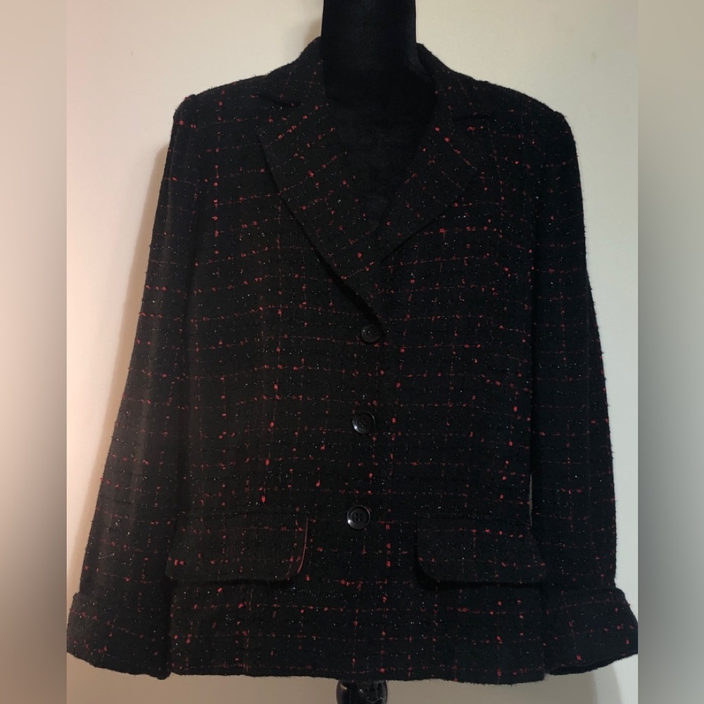 Vintage WOMENS DRESSBARN BLACK SPARKLE RED TWEED BLAZER with red lining SIZE 1X